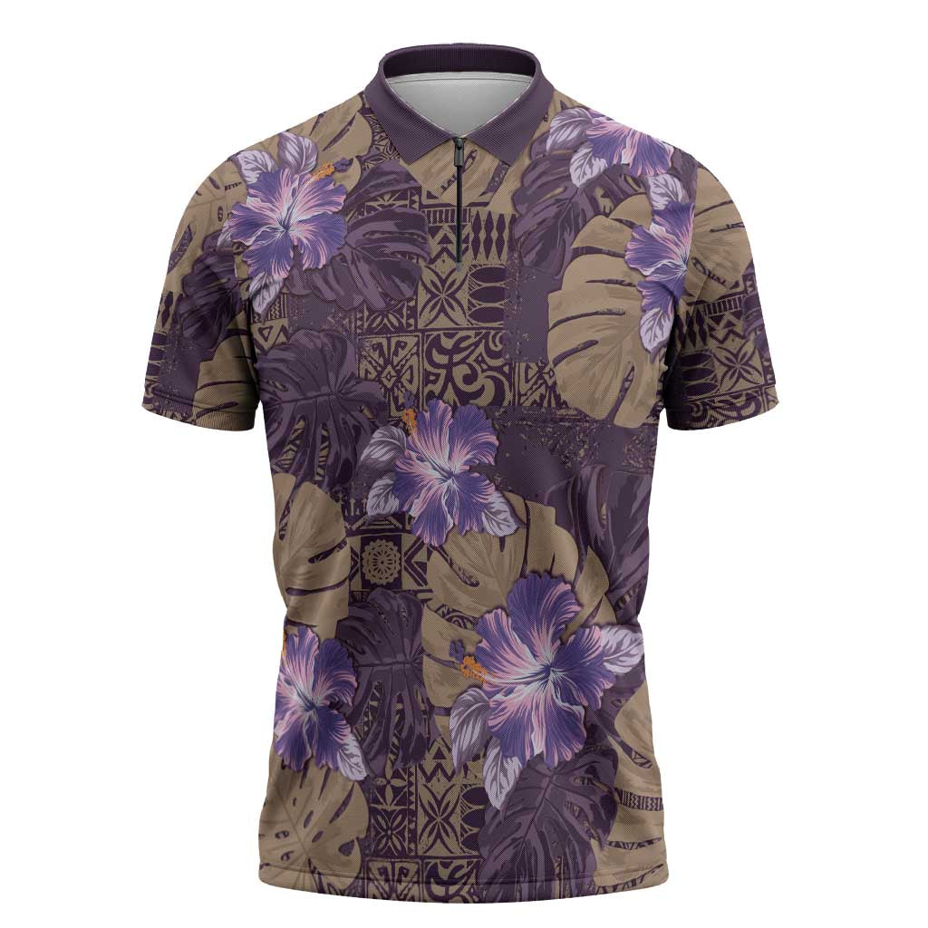 Hawaii Zipper Polo Shirt Purple Polynesian Monstera Patterns - Polynesian Pride