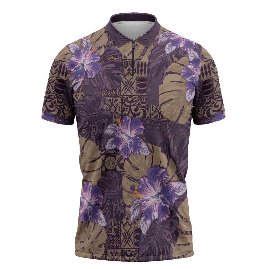 Hawaii Zipper Polo Shirt Purple Polynesian Monstera Patterns - Polynesian Pride