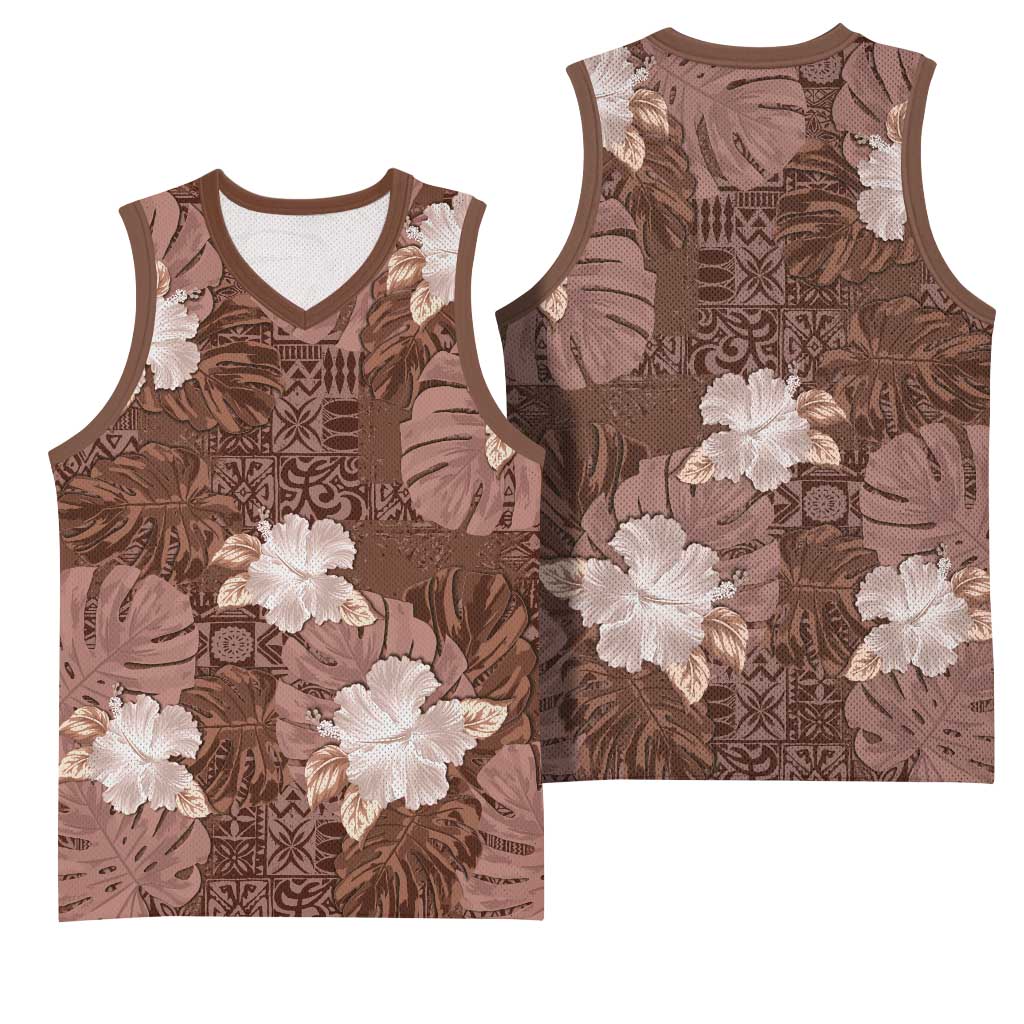 Hawaii Basketball Jersey Brown Polynesian Monstera Patterns - Polynesian Pride