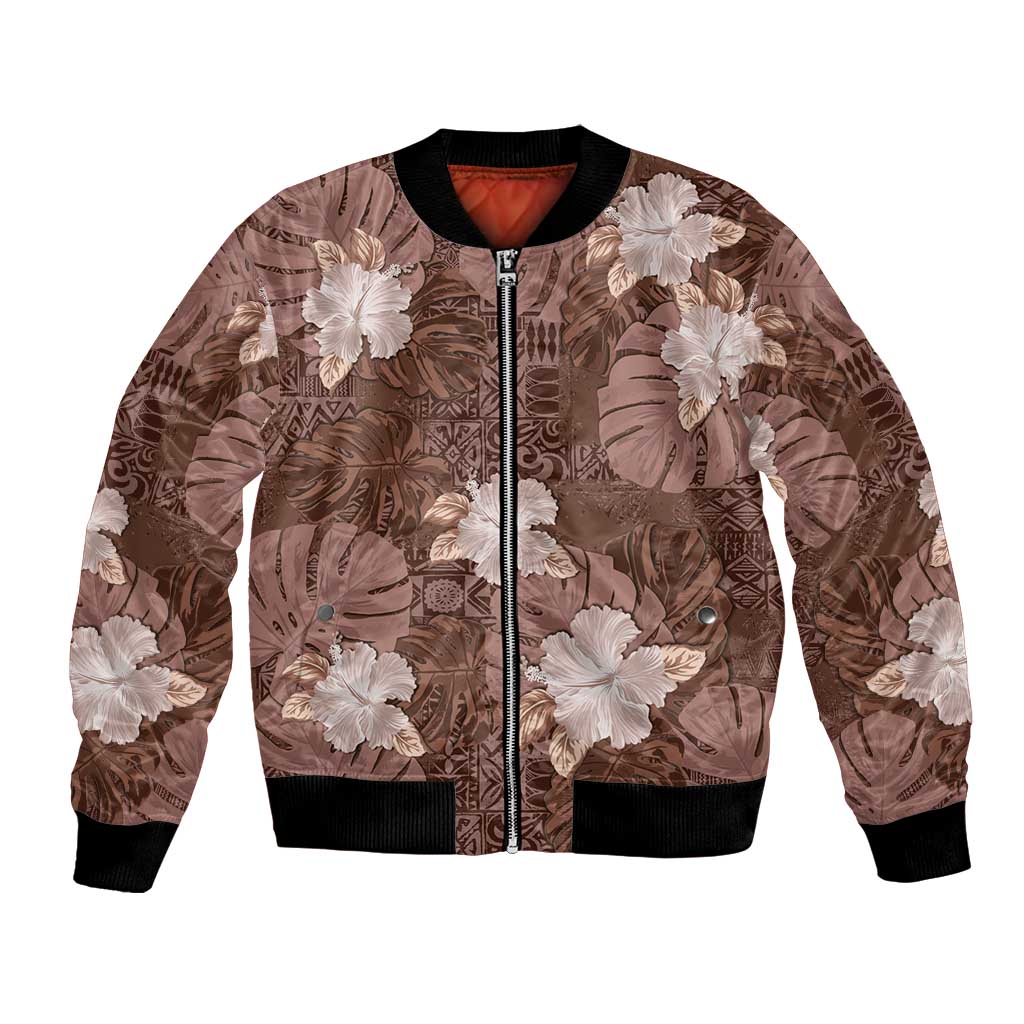 Hawaii Bomber Jacket Brown Polynesian Monstera Patterns - Polynesian Pride