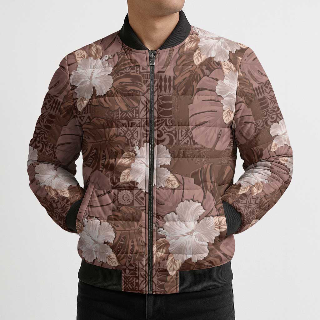 Hawaii Bomber Puffer Jacket Brown Polynesian Monstera Patterns - Polynesian Pride