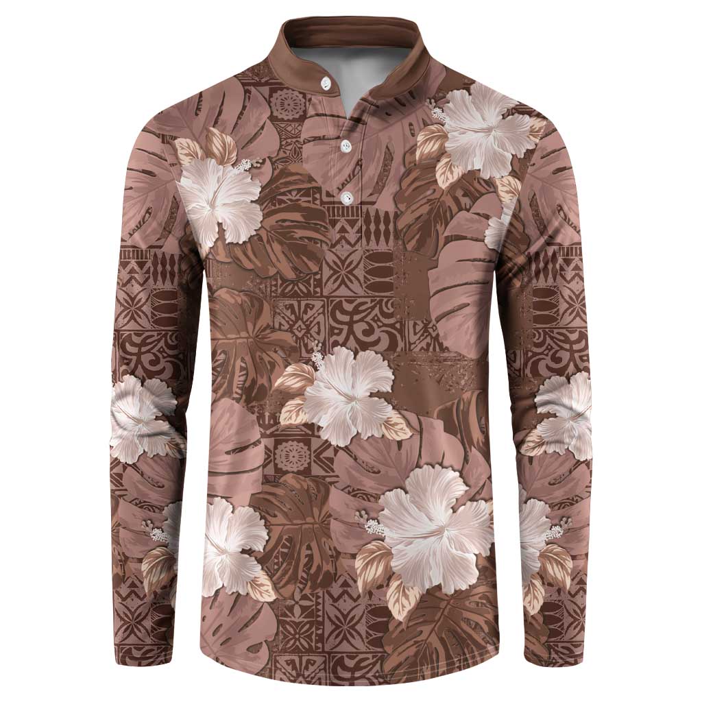 Hawaii Button Sweatshirt Brown Polynesian Monstera Patterns - Polynesian Pride