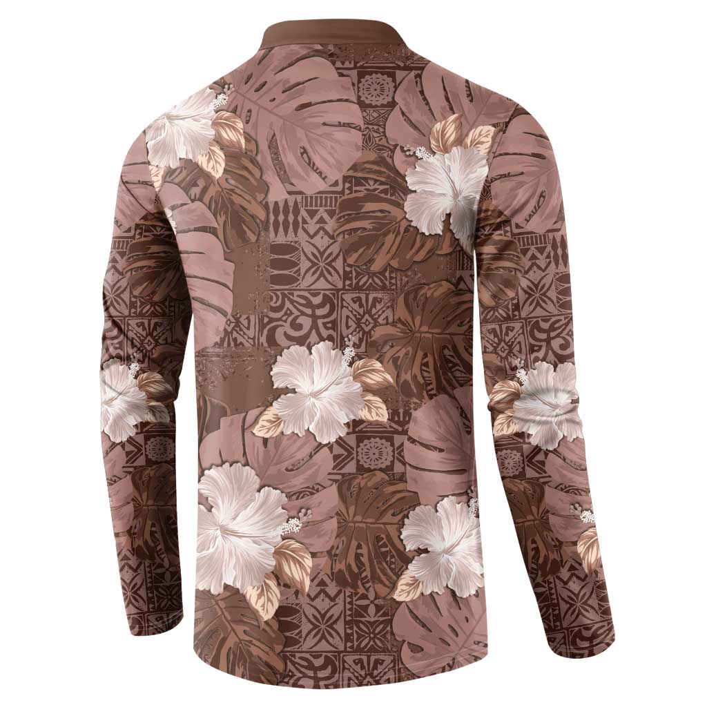 Hawaii Button Sweatshirt Brown Polynesian Monstera Patterns - Polynesian Pride