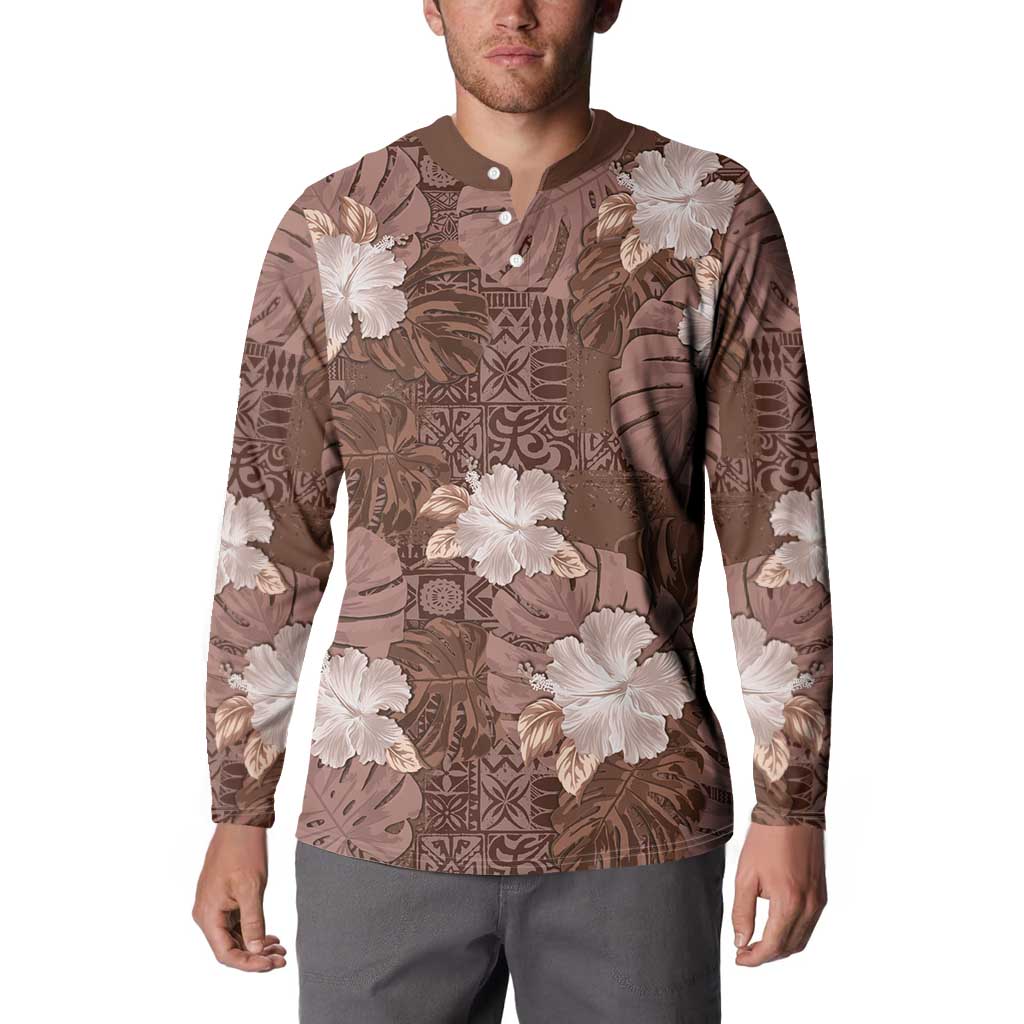 Hawaii Button Sweatshirt Brown Polynesian Monstera Patterns - Polynesian Pride