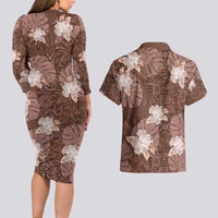 Hawaii Couples Matching Long Sleeve Bodycon Dress and Hawaiian Shirt Brown Polynesian Monstera Patterns - Polynesian Pride