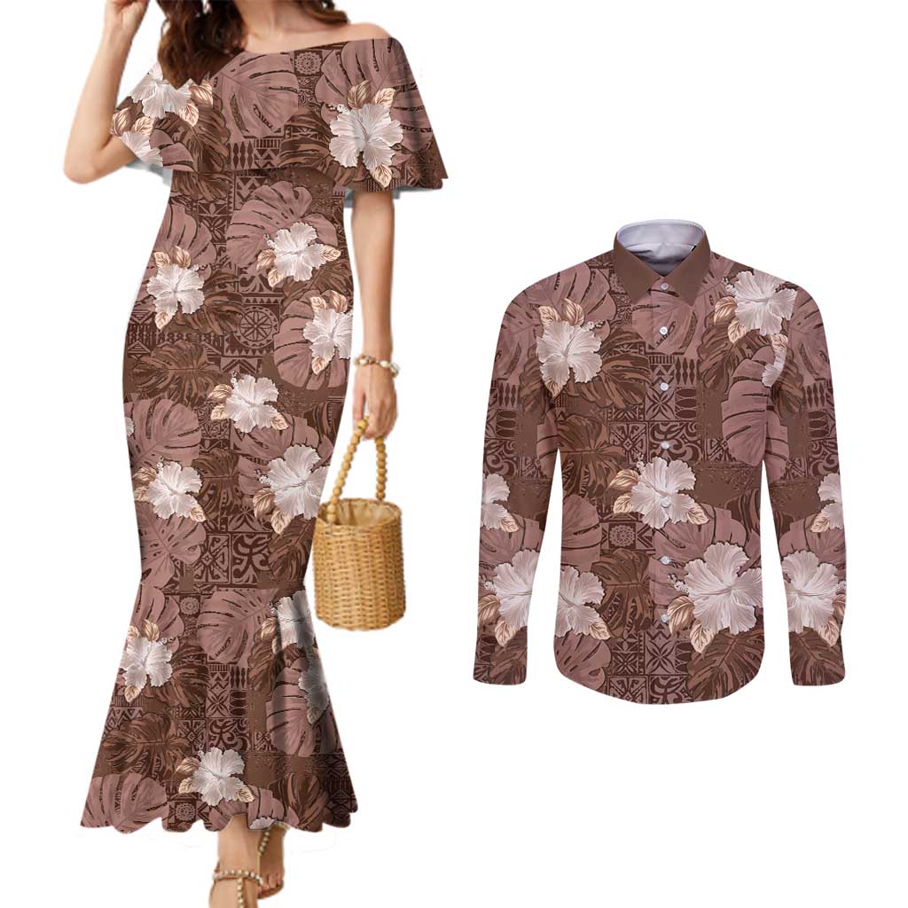 Hawaii Couples Matching Mermaid Dress and Long Sleeve Button Shirt Brown Polynesian Monstera Patterns - Polynesian Pride