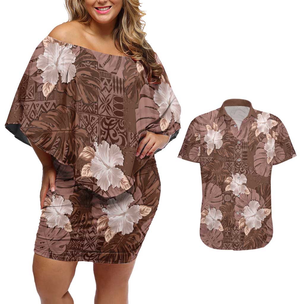 Hawaii Couples Matching Off Shoulder Short Dress and Hawaiian Shirt Brown Polynesian Monstera Patterns - Polynesian Pride