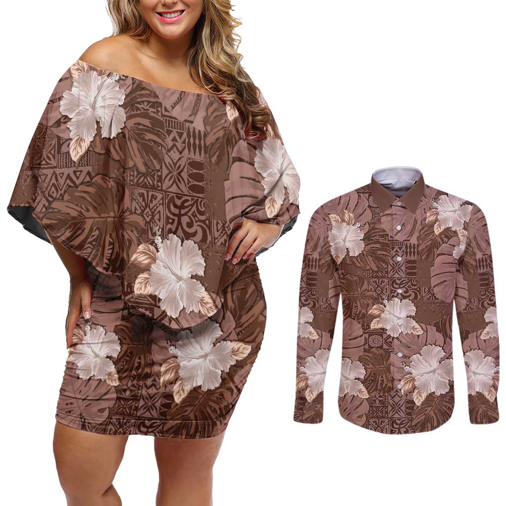 Hawaii Couples Matching Off Shoulder Short Dress and Long Sleeve Button Shirt Brown Polynesian Monstera Patterns - Polynesian Pride