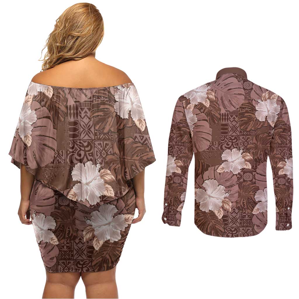Hawaii Couples Matching Off Shoulder Short Dress and Long Sleeve Button Shirt Brown Polynesian Monstera Patterns - Polynesian Pride