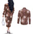 Hawaii Couples Matching Off The Shoulder Long Sleeve Dress and Long Sleeve Button Shirt Brown Polynesian Monstera Patterns - Polynesian Pride
