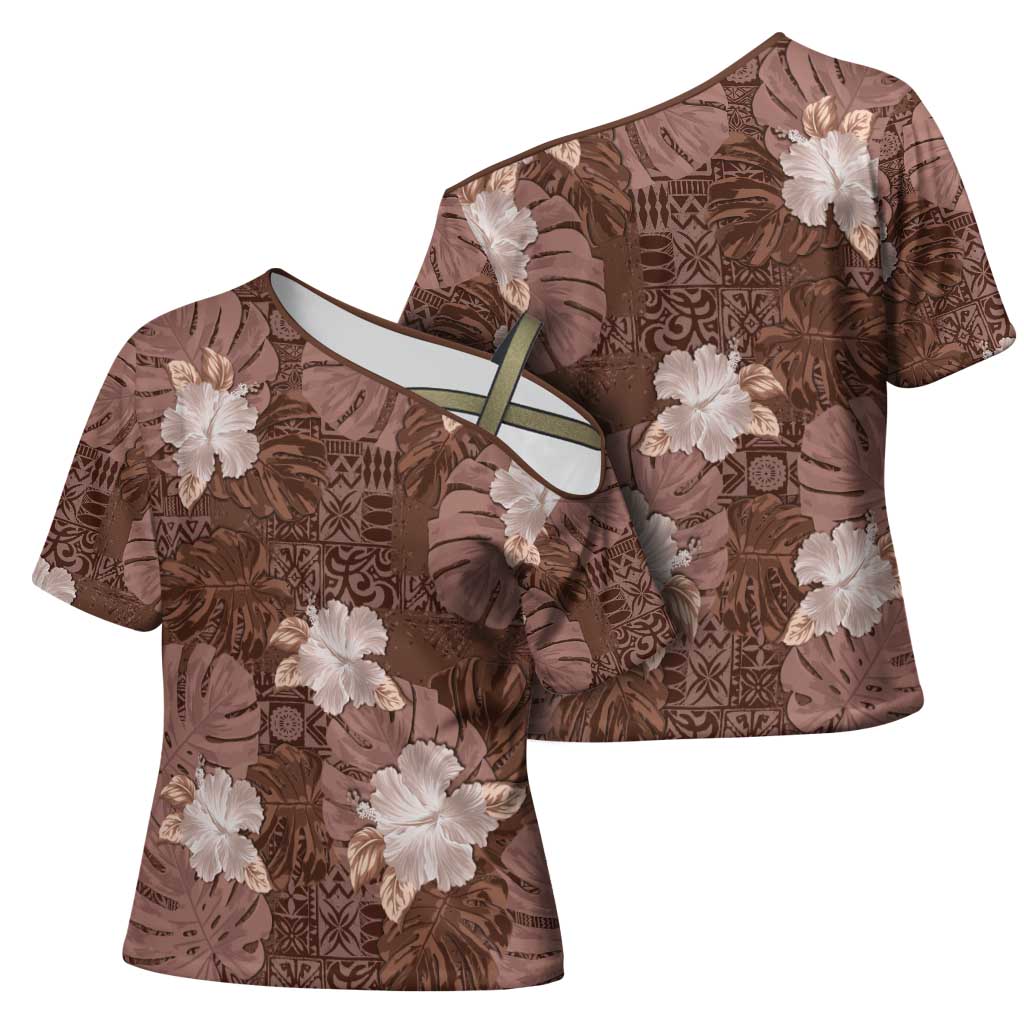 Hawaii Cross Shoulder Shirt Brown Polynesian Monstera Patterns - Polynesian Pride