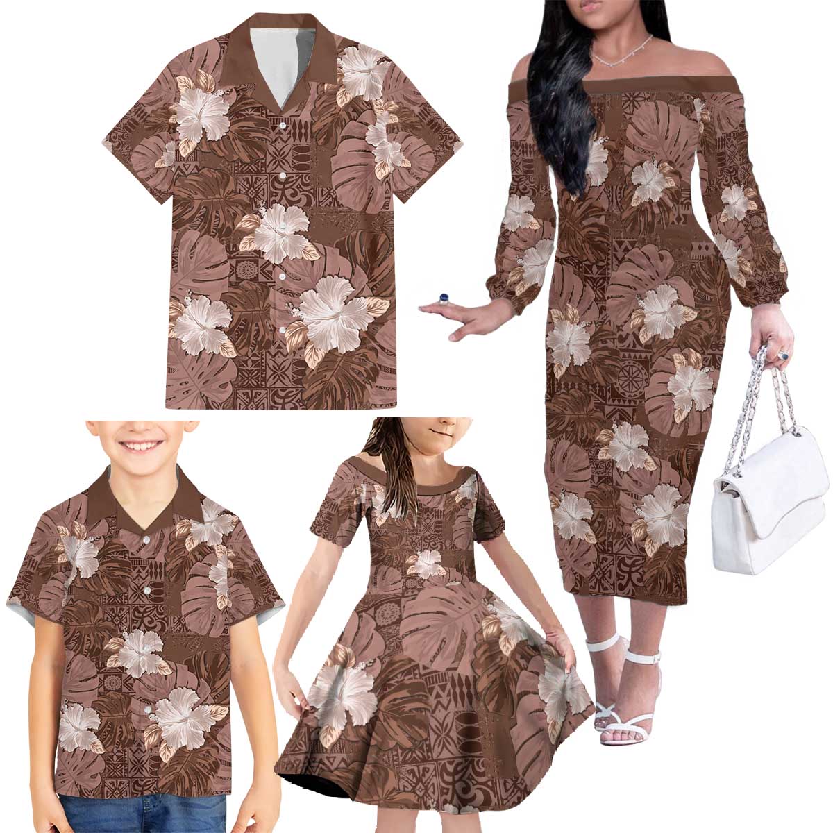 Hawaii Family Matching Off The Shoulder Long Sleeve Dress and Hawaiian Shirt Brown Polynesian Monstera Patterns - Polynesian Pride