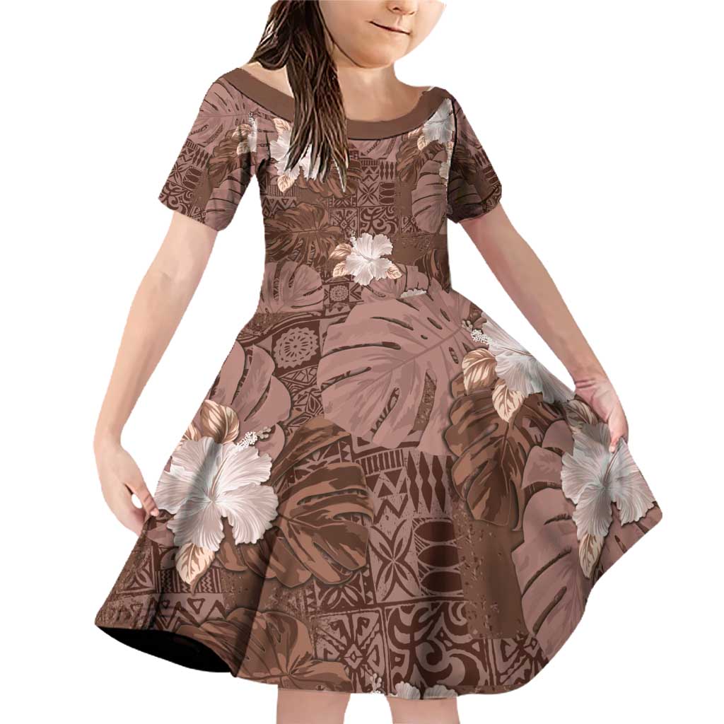 Hawaii Family Matching Off Shoulder Short Dress and Hawaiian Shirt Brown Polynesian Monstera Patterns - Polynesian Pride