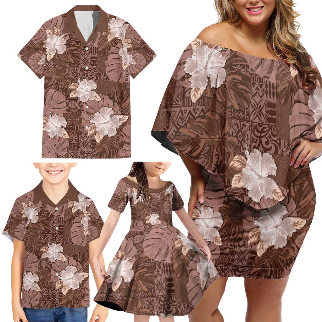 Hawaii Family Matching Off Shoulder Short Dress and Hawaiian Shirt Brown Polynesian Monstera Patterns - Polynesian Pride