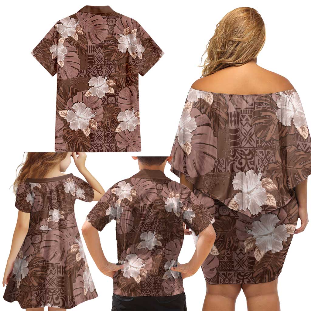 Hawaii Family Matching Off Shoulder Short Dress and Hawaiian Shirt Brown Polynesian Monstera Patterns - Polynesian Pride
