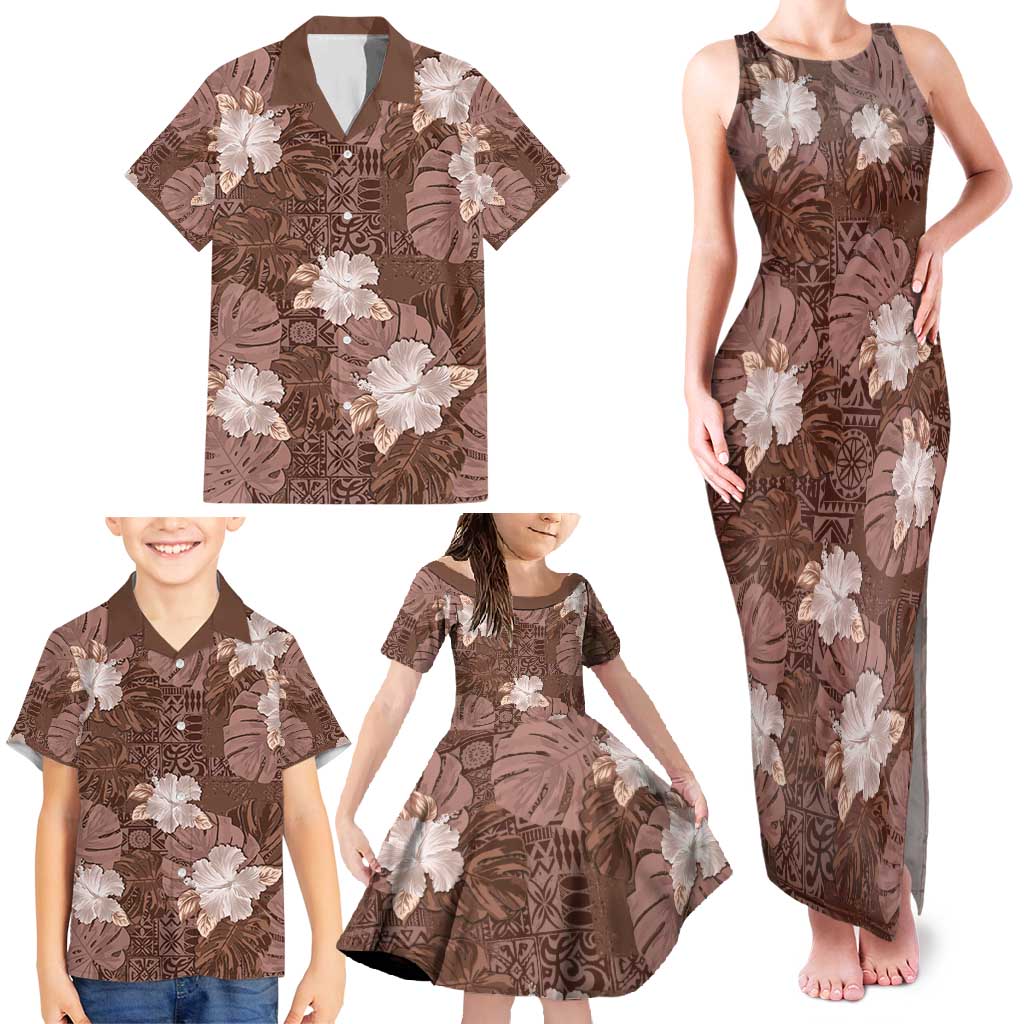 Hawaii Family Matching Tank Maxi Dress and Hawaiian Shirt Brown Polynesian Monstera Patterns - Polynesian Pride