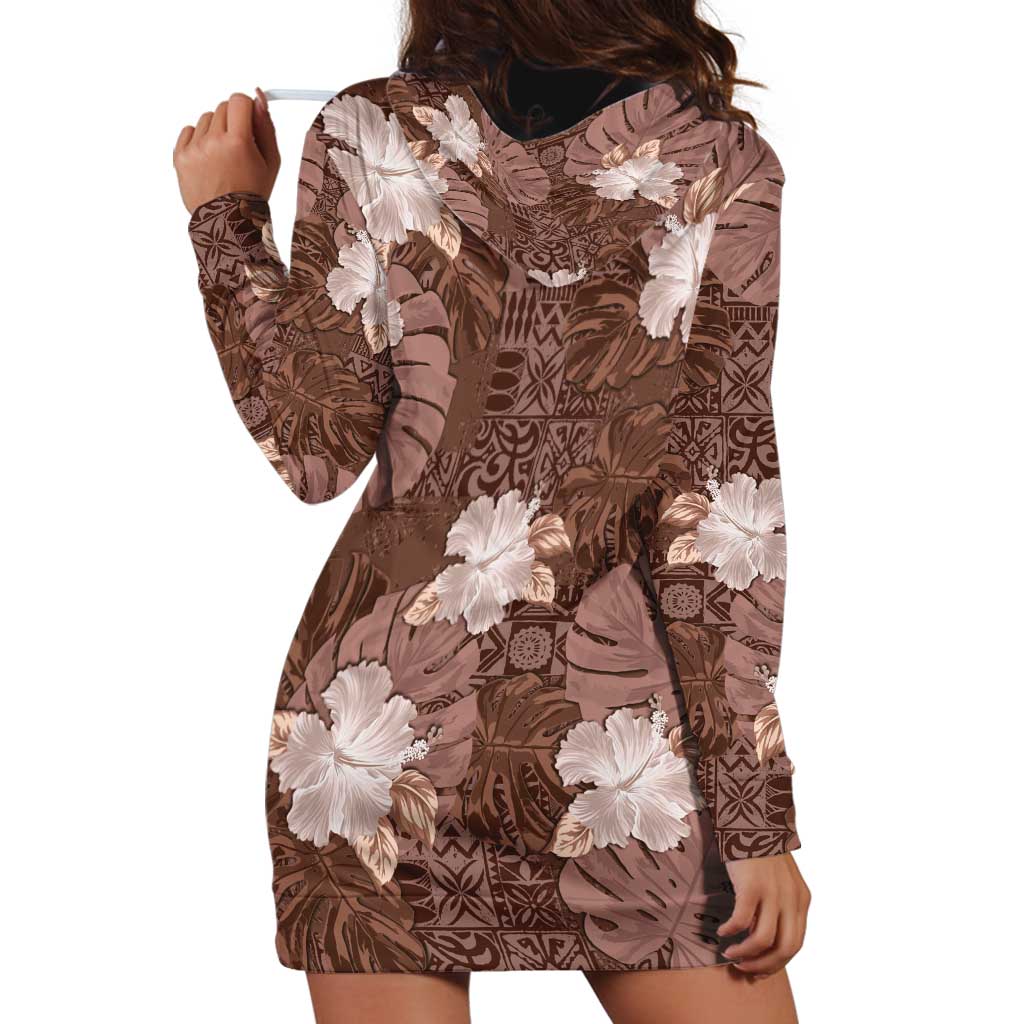 Hawaii Hoodie Dress Brown Polynesian Monstera Patterns - Polynesian Pride