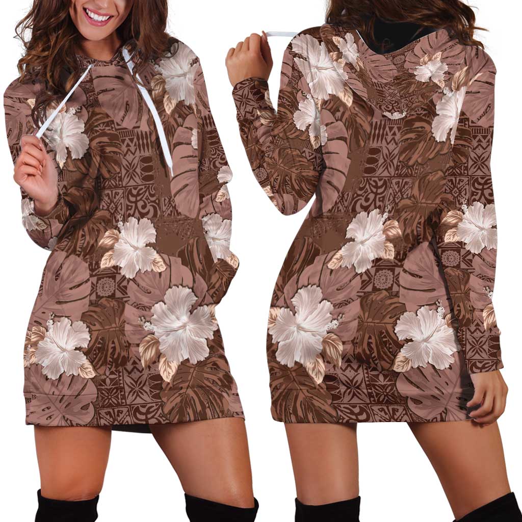 Hawaii Hoodie Dress Brown Polynesian Monstera Patterns - Polynesian Pride