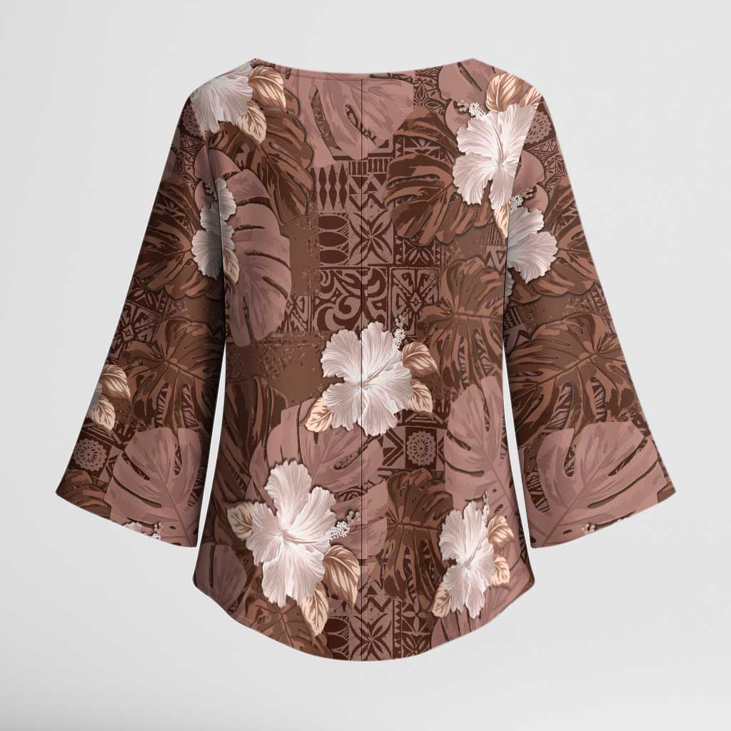 Hawaii Kimono Sleeve Blouse Brown Polynesian Monstera Patterns - Polynesian Pride