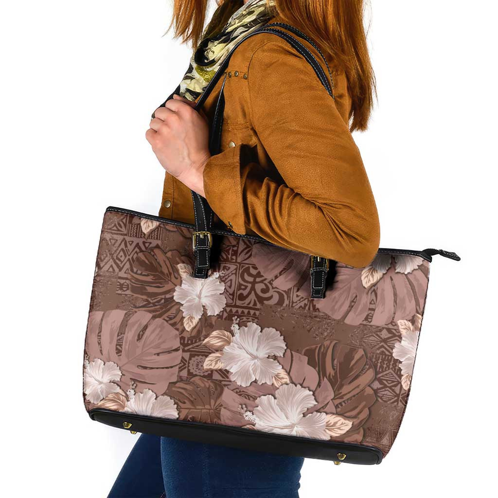 Hawaii Leather Tote Bag Brown Polynesian Monstera Patterns DT05 Brown - Polynesian Pride