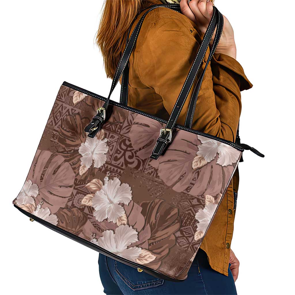 Hawaii Leather Tote Bag Brown Polynesian Monstera Patterns DT05 - Polynesian Pride