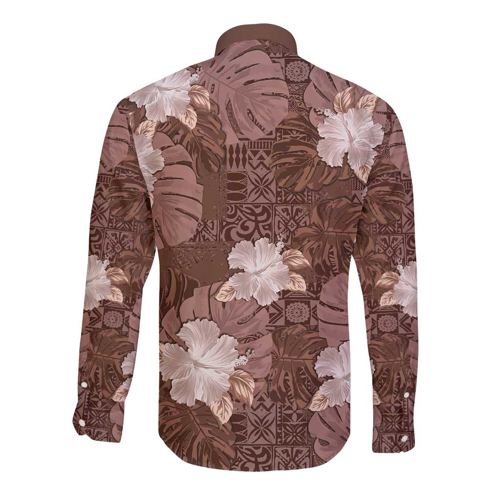 Hawaii Long Sleeve Button Shirt Brown Polynesian Monstera Patterns - Polynesian Pride