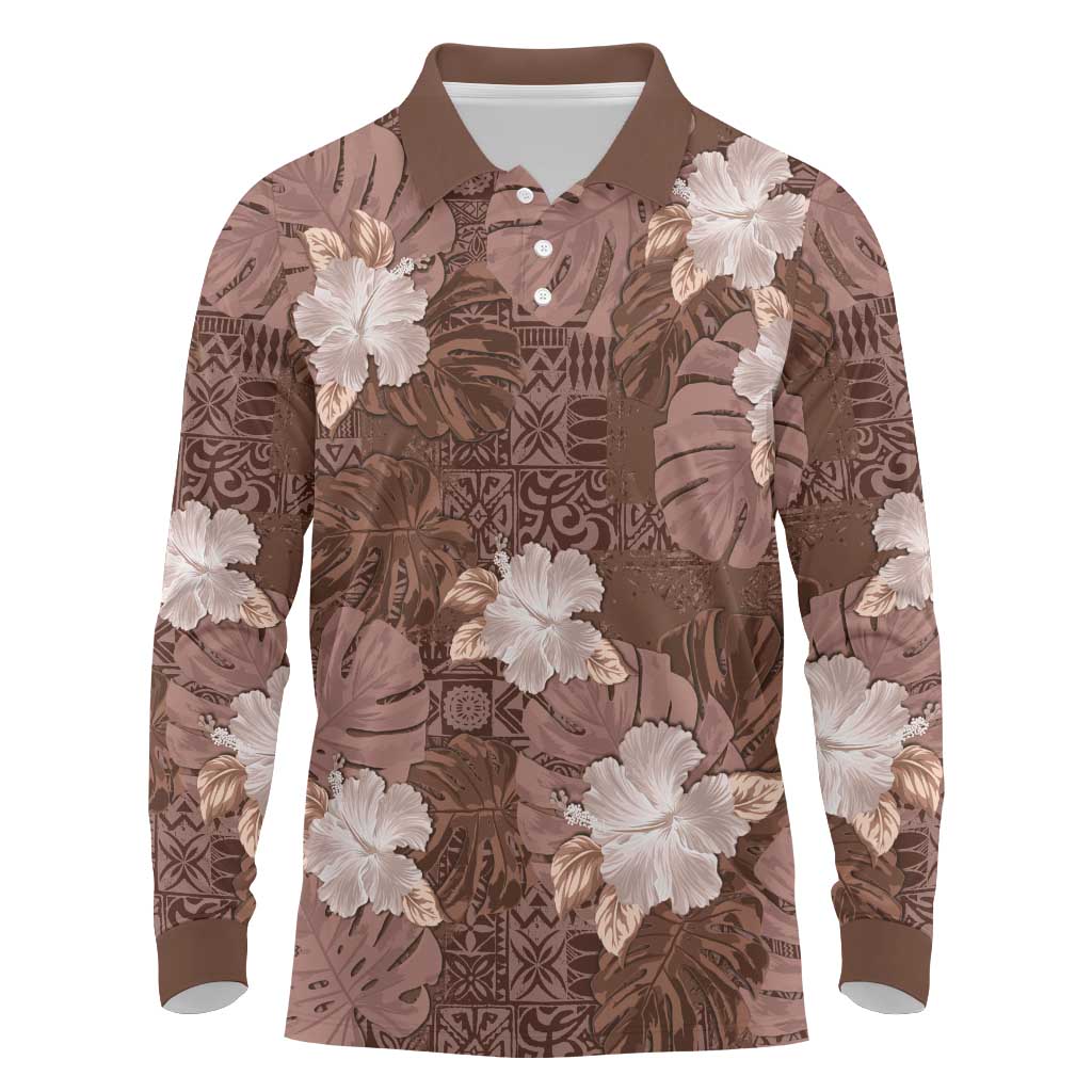 Hawaii Long Sleeve Polo Shirt Brown Polynesian Monstera Patterns DT05 Brown - Polynesian Pride