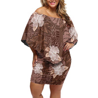 Hawaii Off Shoulder Short Dress Brown Polynesian Monstera Patterns - Polynesian Pride