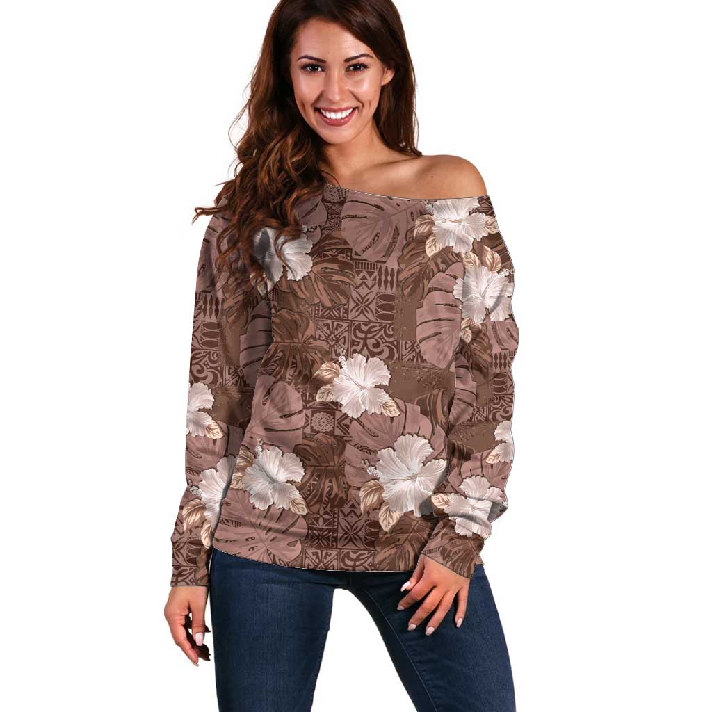 Hawaii Off Shoulder Sweater Brown Polynesian Monstera Patterns - Polynesian Pride
