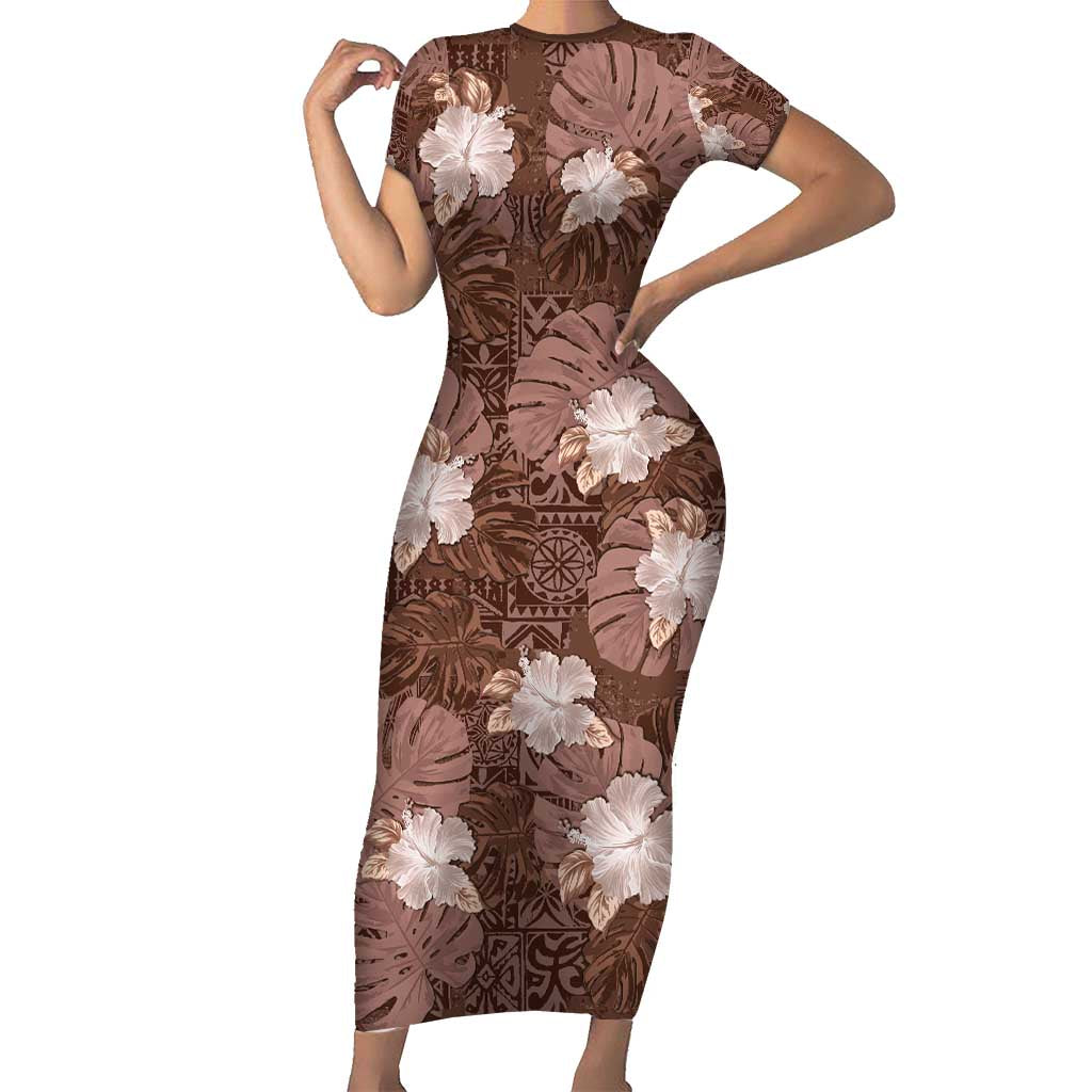 Hawaii Short Sleeve Bodycon Dress Brown Polynesian Monstera Patterns - Polynesian Pride