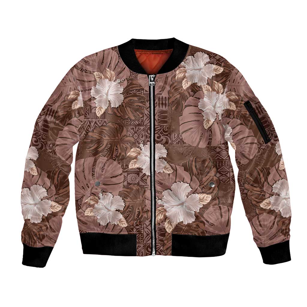 Hawaii Sleeve Zip Bomber Jacket Brown Polynesian Monstera Patterns - Polynesian Pride