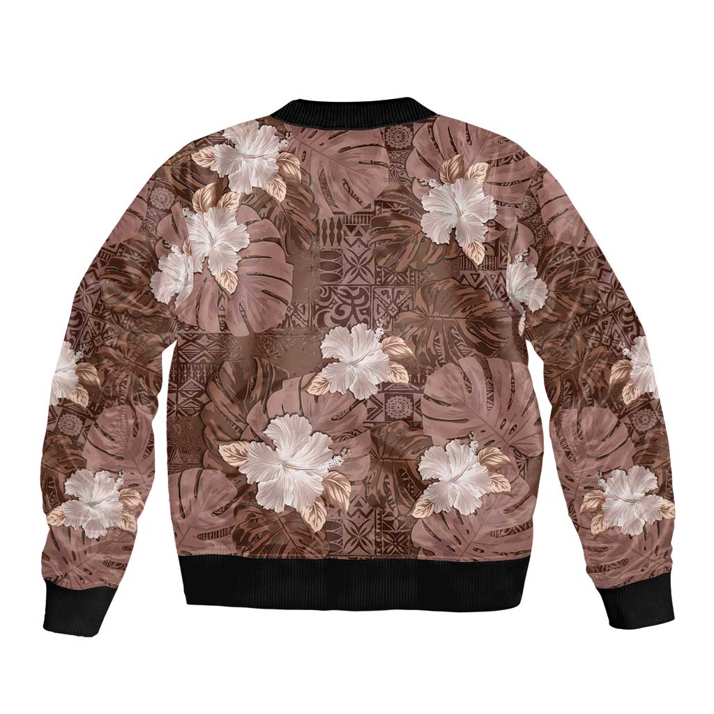 Hawaii Sleeve Zip Bomber Jacket Brown Polynesian Monstera Patterns - Polynesian Pride