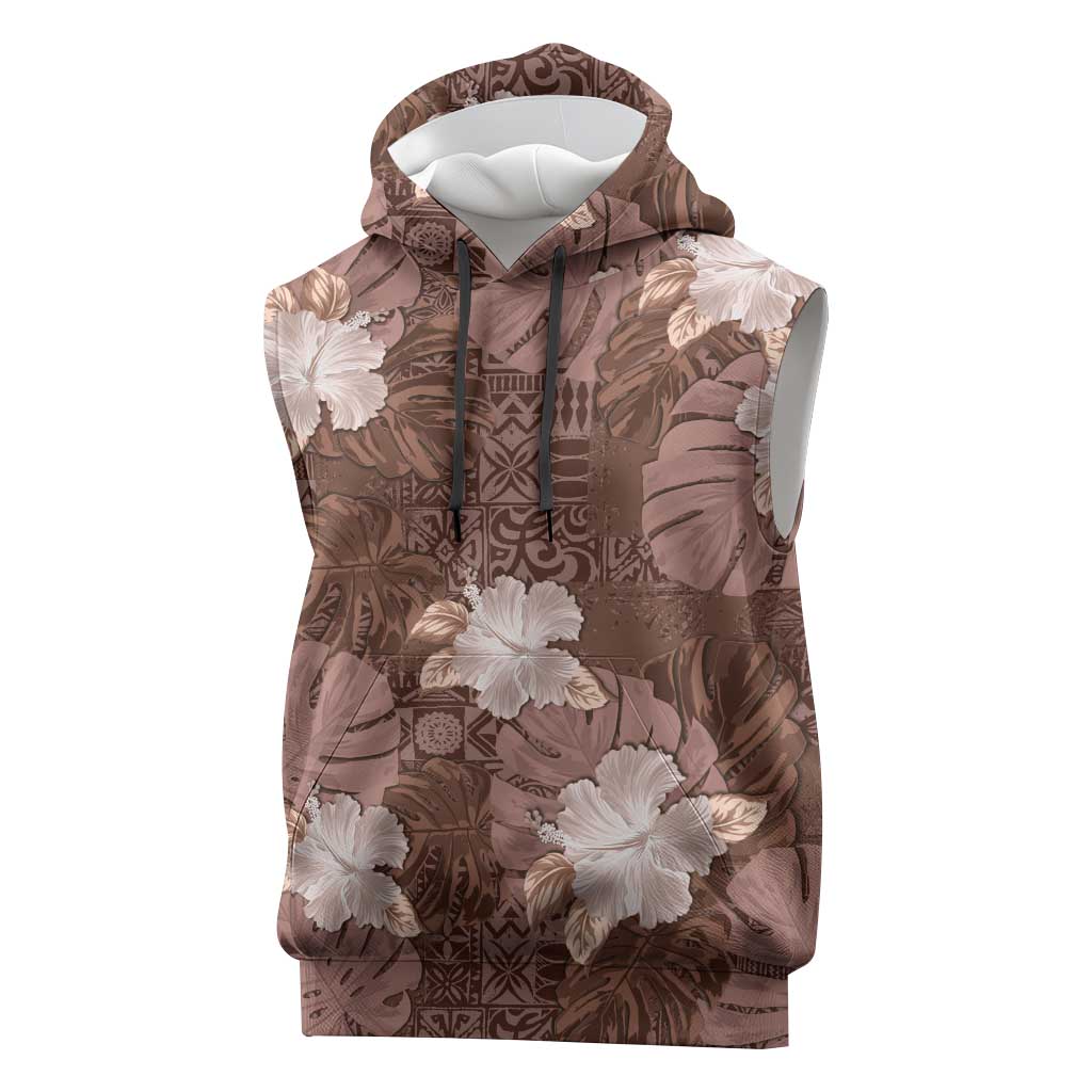 Hawaii Sleeveless Hoodie Brown Polynesian Monstera Patterns - Polynesian Pride