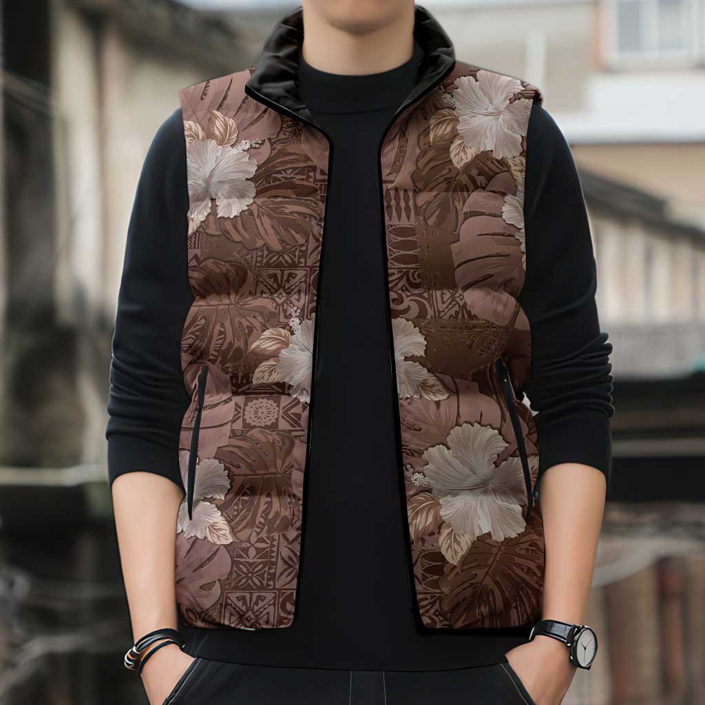 Hawaii Sleeveless Puffer Jacket Brown Polynesian Monstera Patterns - Polynesian Pride