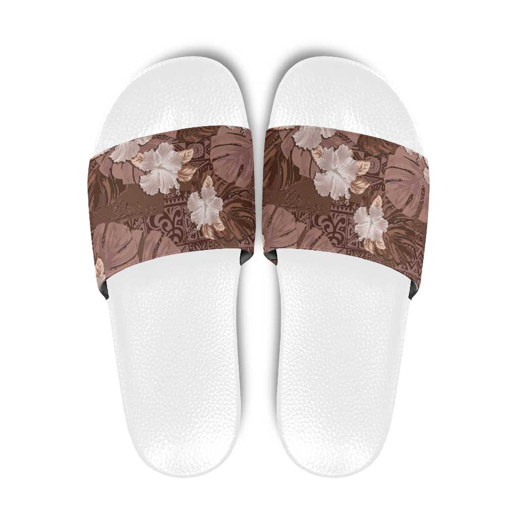 Hawaii Slide Sandals Brown Polynesian Monstera Patterns - Polynesian Pride