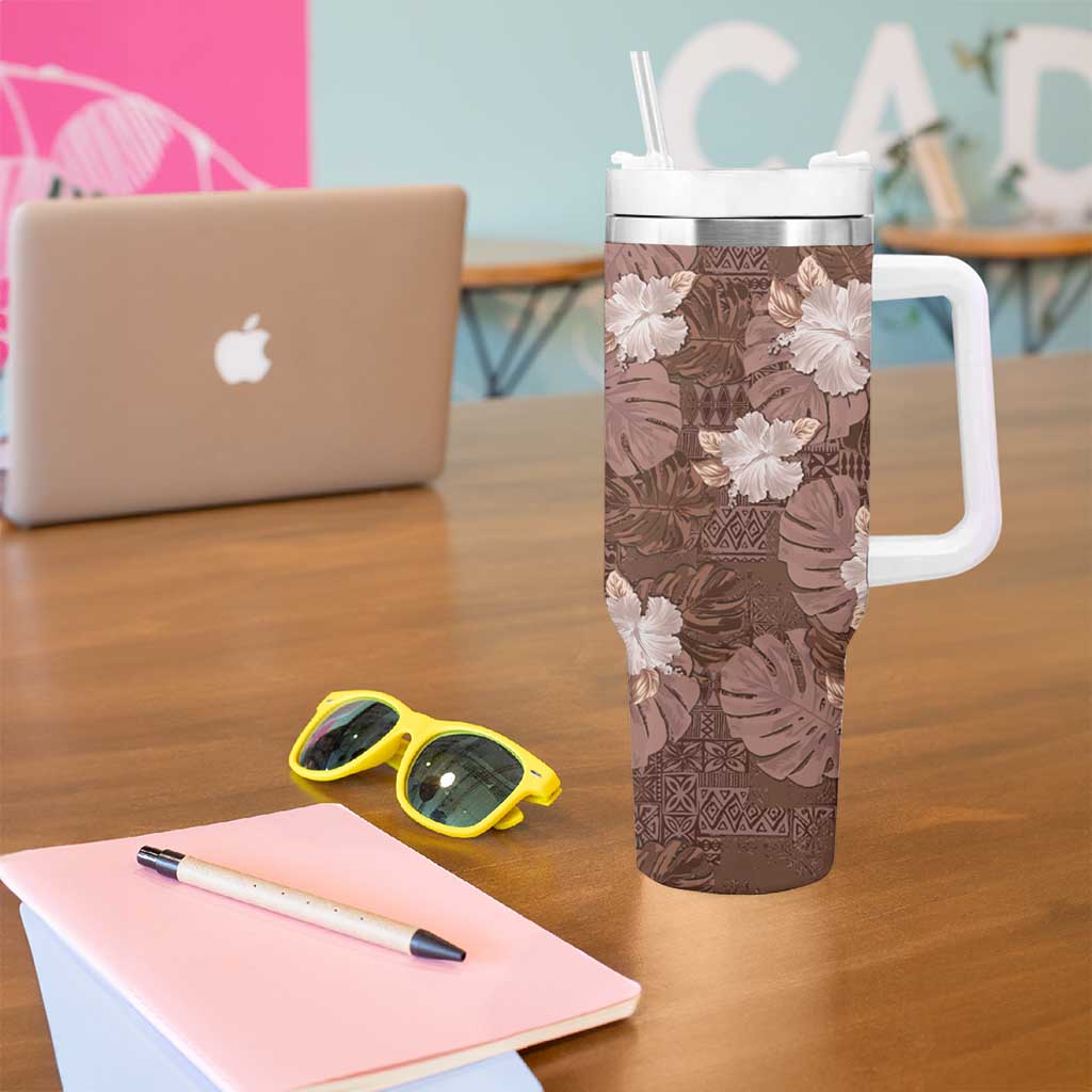 Hawaii Tumbler With Handle Brown Polynesian Monstera Patterns - Polynesian Pride