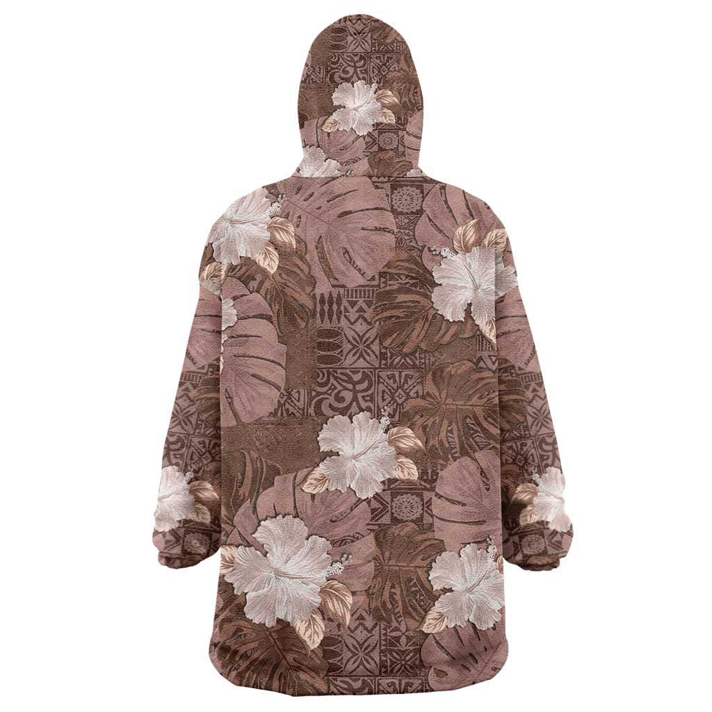 Hawaii Wearable Blanket Hoodie Brown Polynesian Monstera Patterns - Polynesian Pride