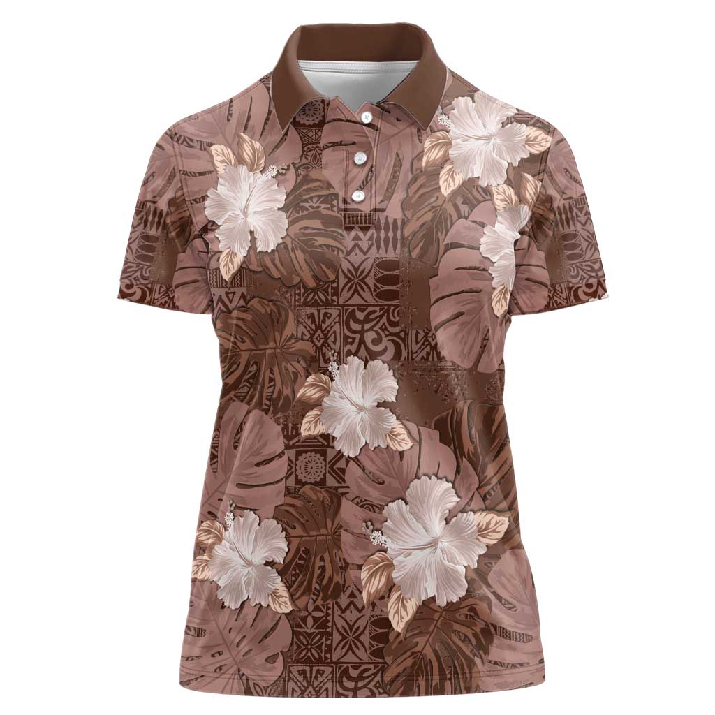 Hawaii Women Polo Shirt Brown Polynesian Monstera Patterns - Polynesian Pride