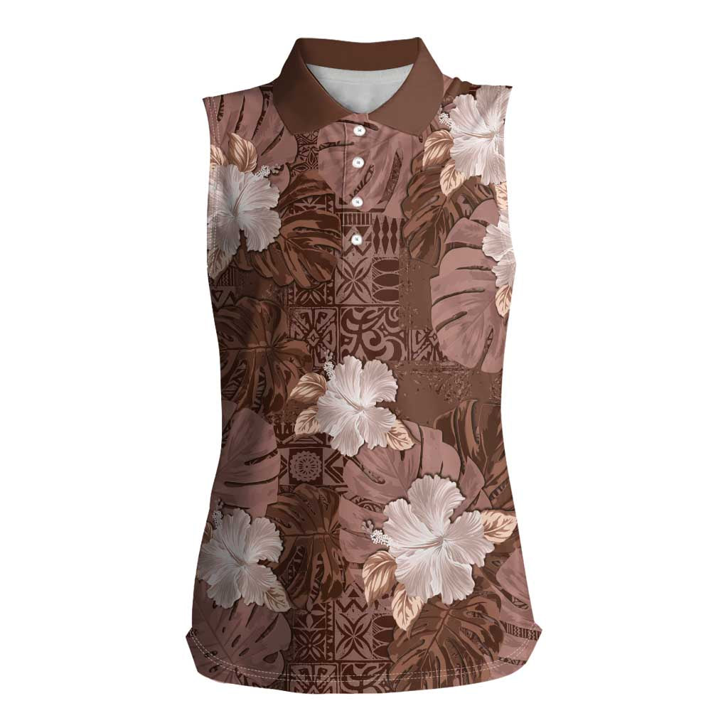 Hawaii Women Sleeveless Polo Shirt Brown Polynesian Monstera Patterns - Polynesian Pride