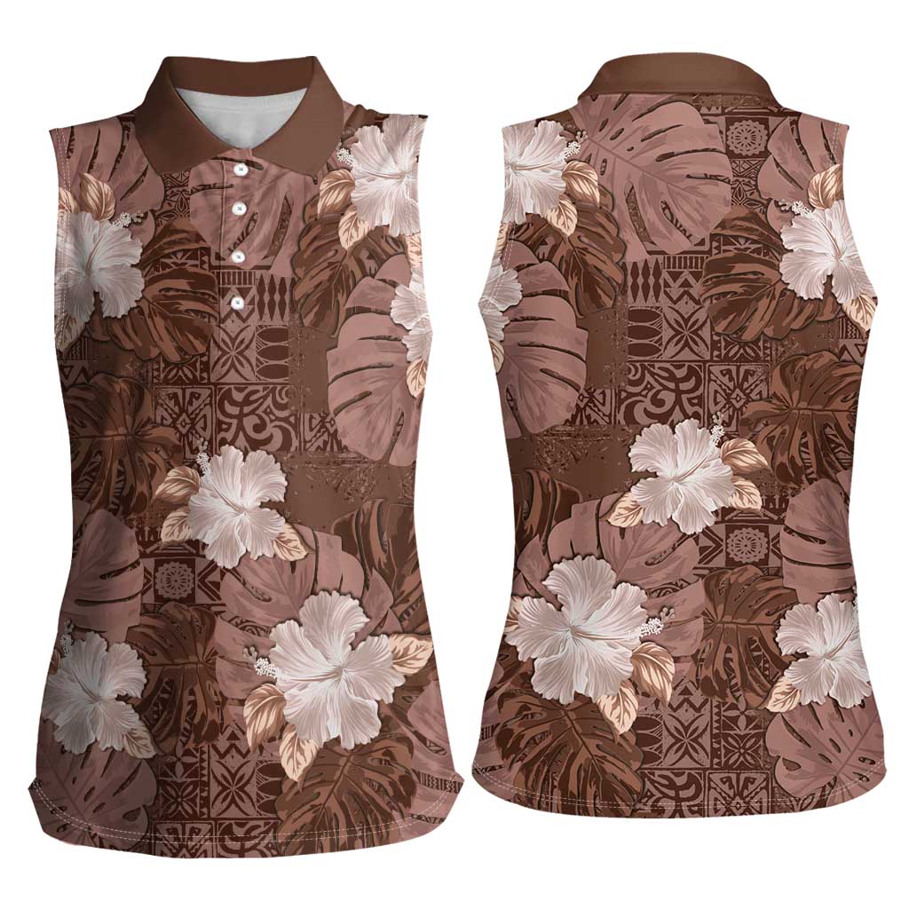 Hawaii Women Sleeveless Polo Shirt Brown Polynesian Monstera Patterns - Polynesian Pride