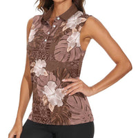 Hawaii Women Sleeveless Polo Shirt Brown Polynesian Monstera Patterns - Polynesian Pride