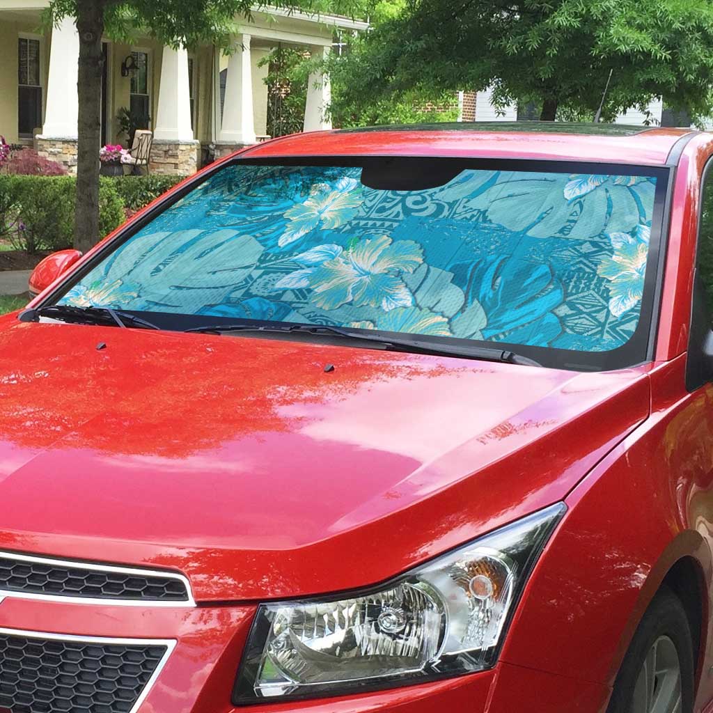 Hawaii Auto Sun Shade Teal Polynesian Monstera Patterns - Polynesian Pride