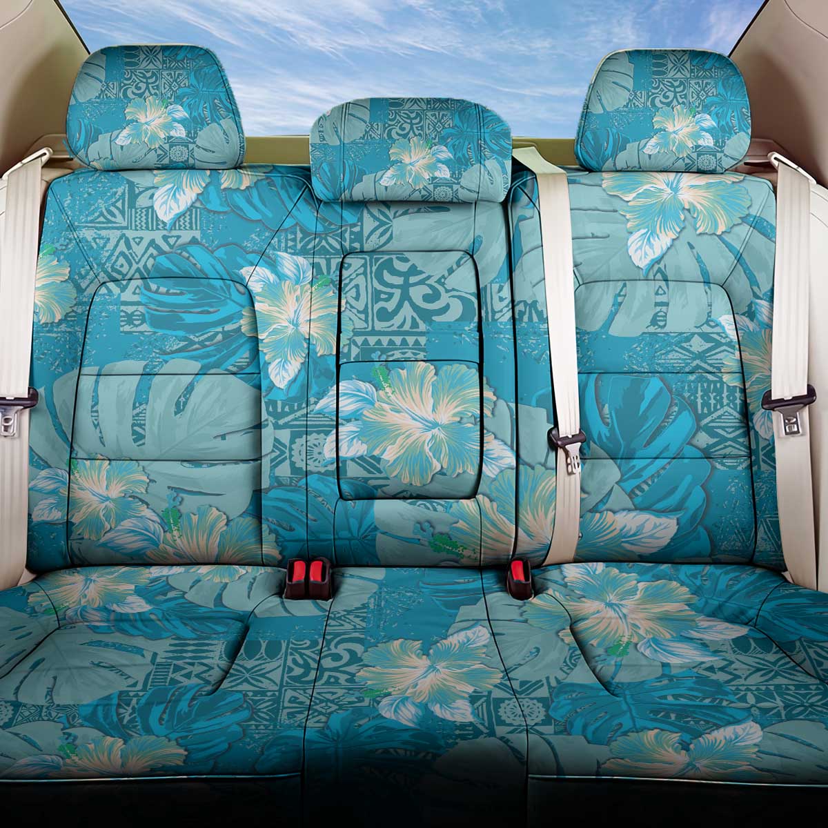 Hawaii Back Car Seat Cover Teal Polynesian Monstera Patterns - Polynesian Pride