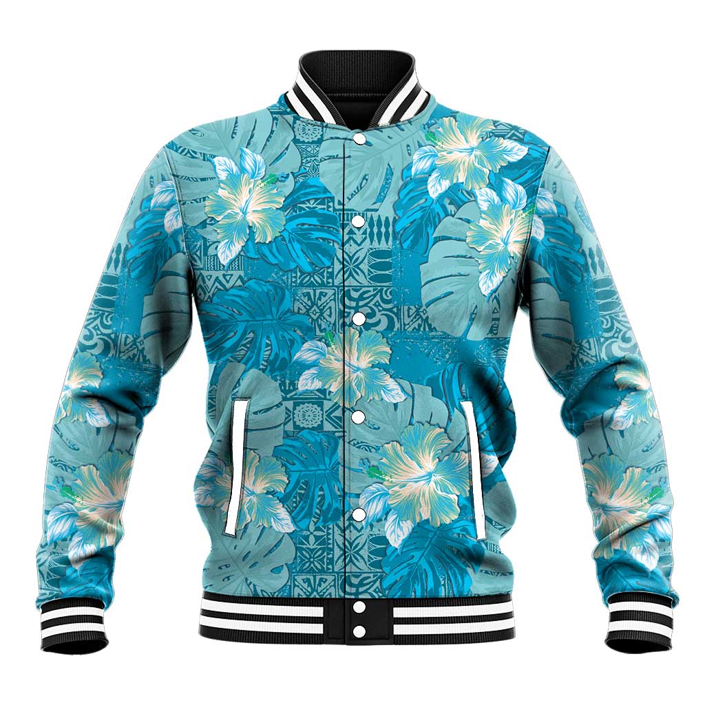 Hawaii Baseball Jacket Teal Polynesian Monstera Patterns - Polynesian Pride