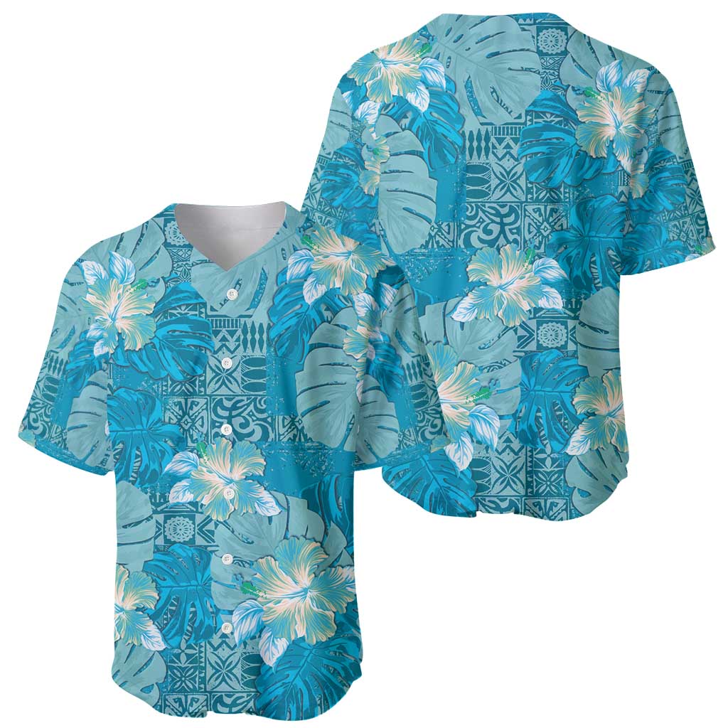 Hawaii Baseball Jersey Teal Polynesian Monstera Patterns - Polynesian Pride