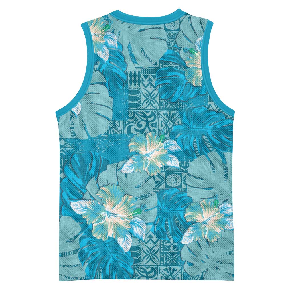 Hawaii Basketball Jersey Teal Polynesian Monstera Patterns - Polynesian Pride
