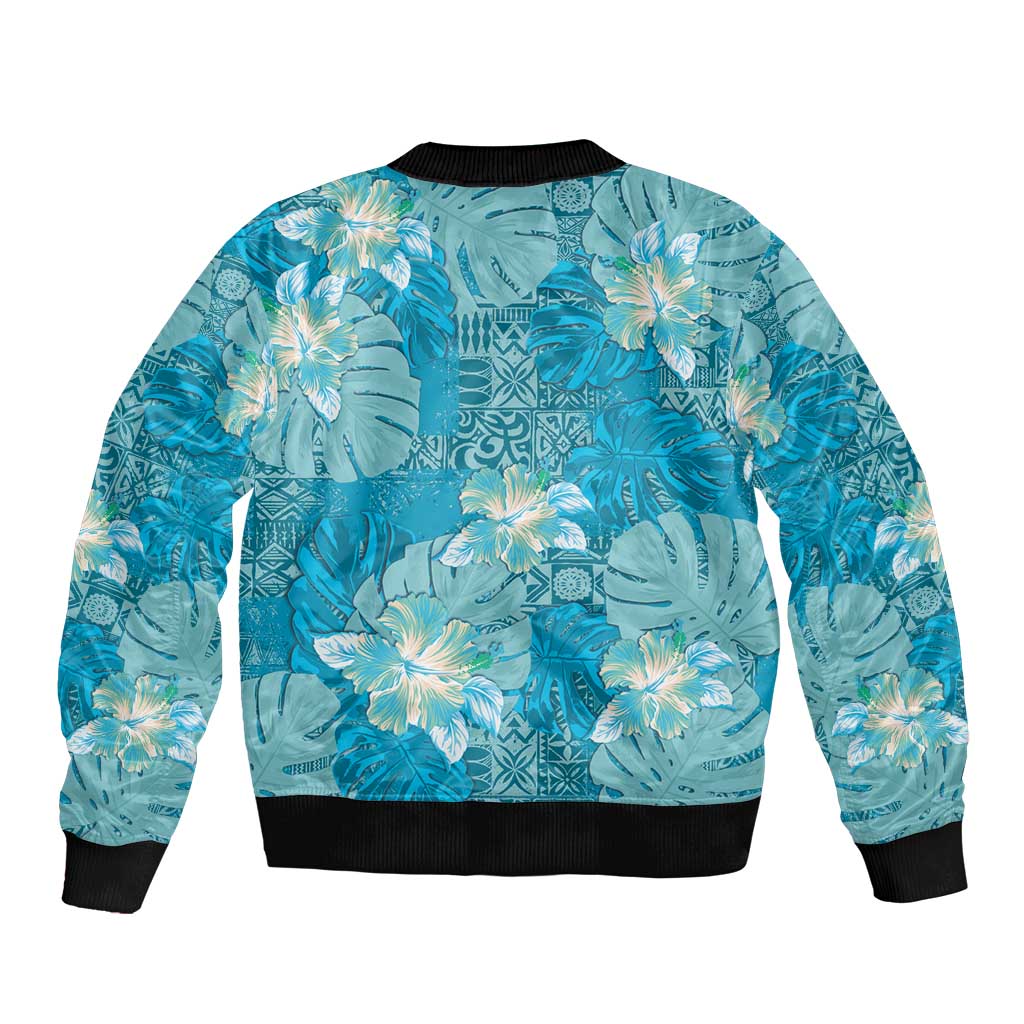 Hawaii Bomber Jacket Teal Polynesian Monstera Patterns - Polynesian Pride
