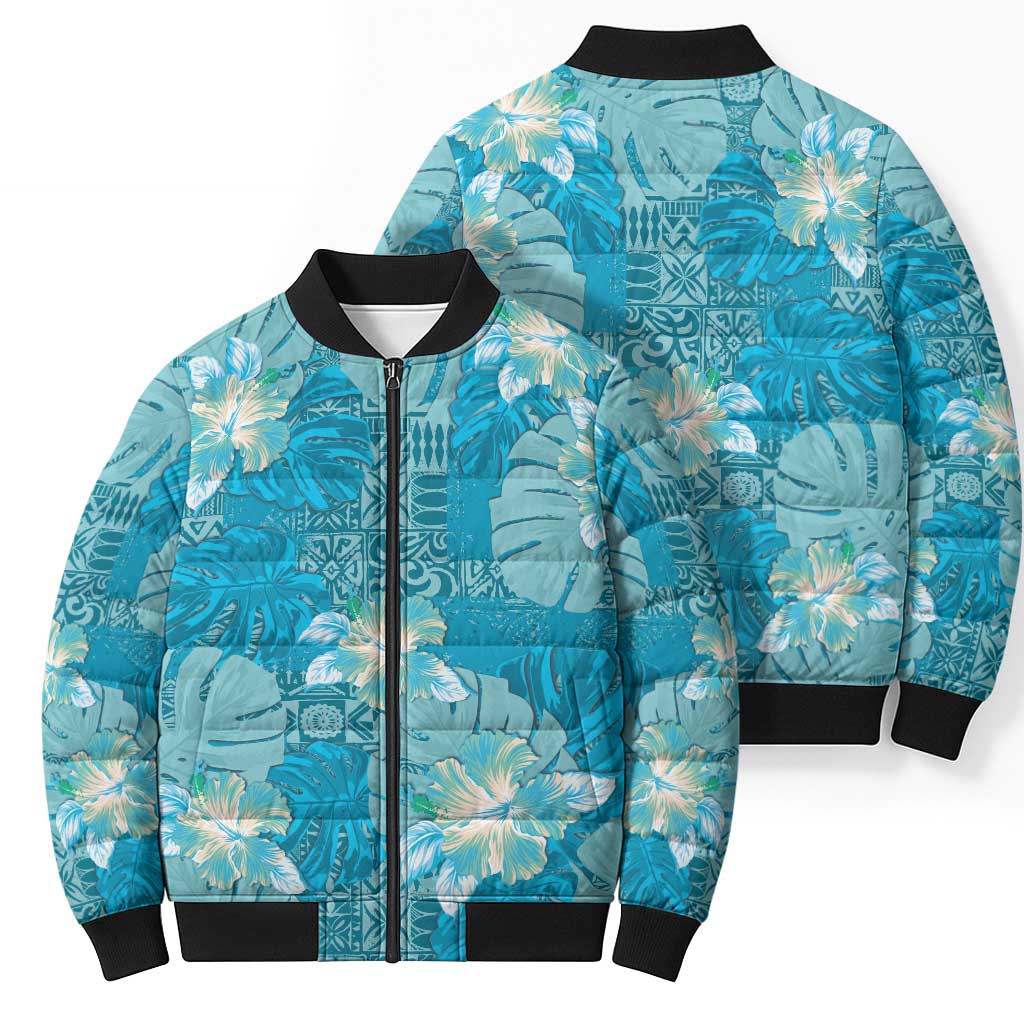 Hawaii Bomber Puffer Jacket Teal Polynesian Monstera Patterns - Polynesian Pride