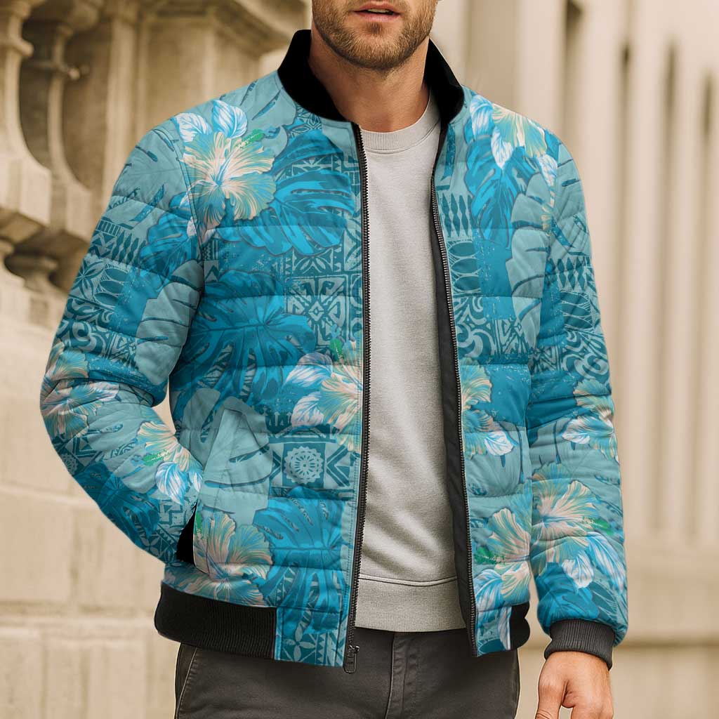 Hawaii Bomber Puffer Jacket Teal Polynesian Monstera Patterns - Polynesian Pride