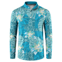Hawaii Button Sweatshirt Teal Polynesian Monstera Patterns - Polynesian Pride